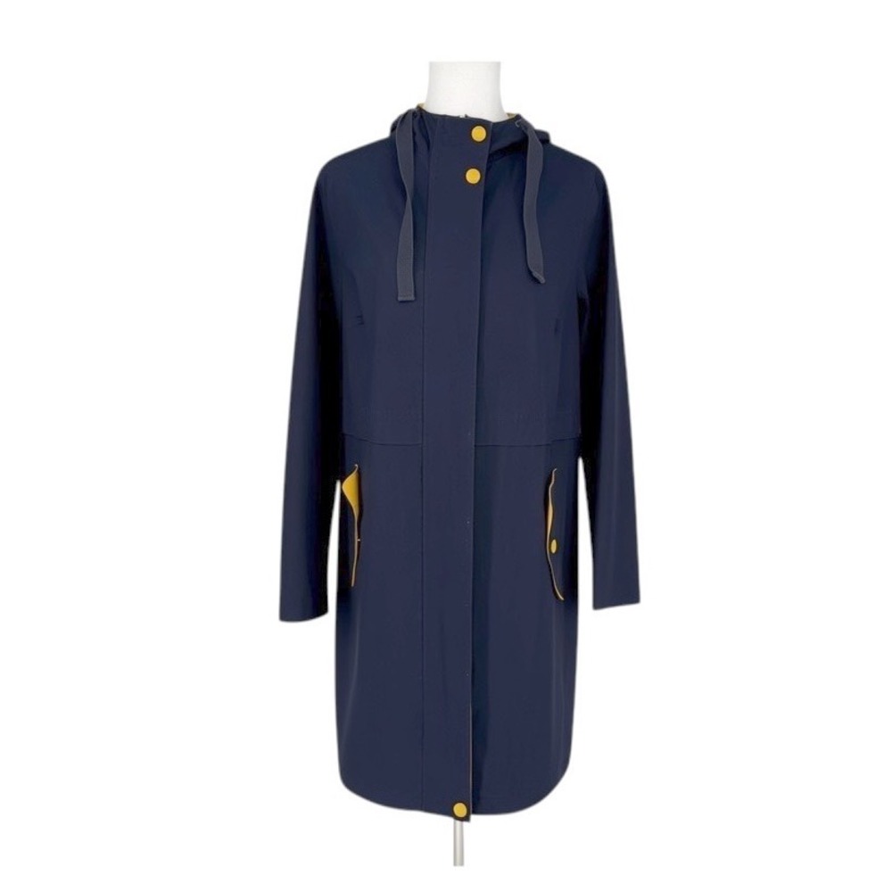 Boden Navy Blue Yellow Contrast Hooded Full Zip Long Coat Jacket Womens US 4R
